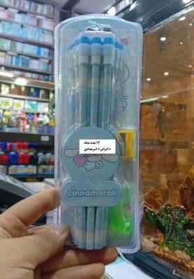 پک 12 عدد مداد سیاه و پاکن و تراش طرح کرومی و دوستان bt21